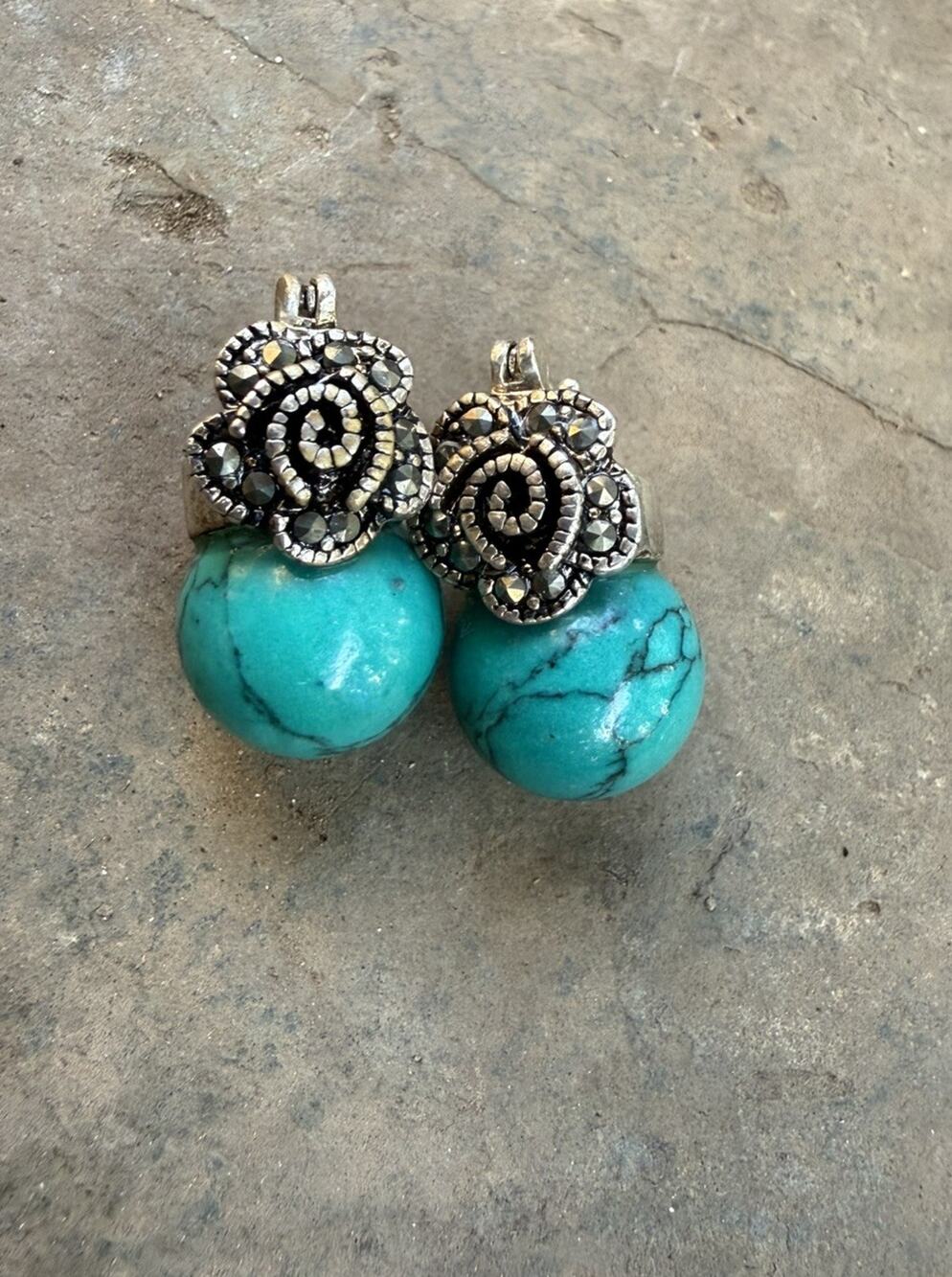 Vtg 925 Sterling Silver Turquoise Orb Marcasite Floral Huggie Clip On Earrings